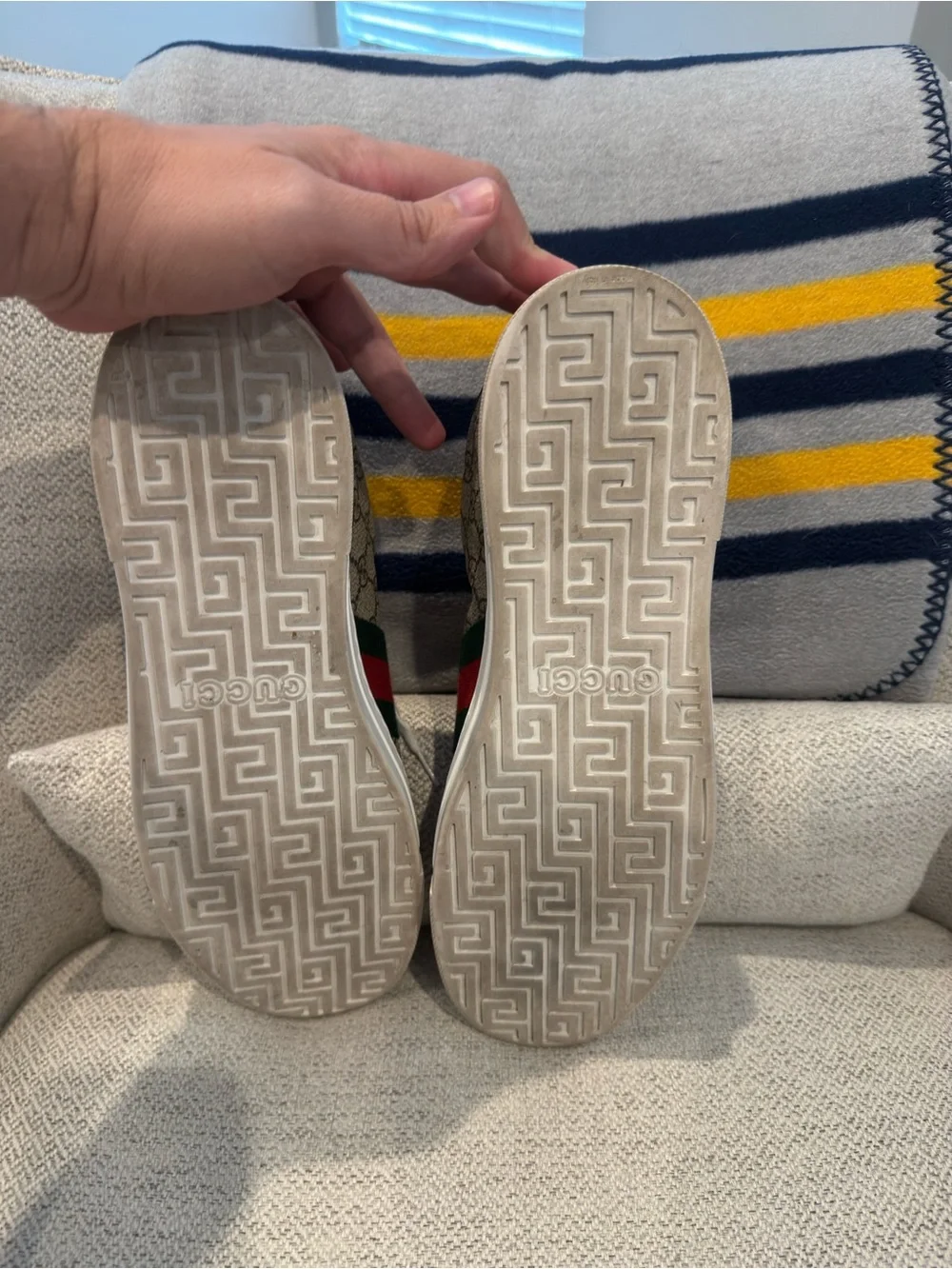 Gucci Beige GG Supreme Ace Sneakers with Green and Red Web
